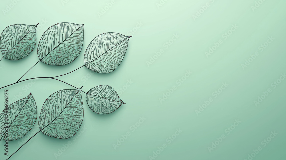 Poster delicate leaves on a soft green background creating a serene composition.