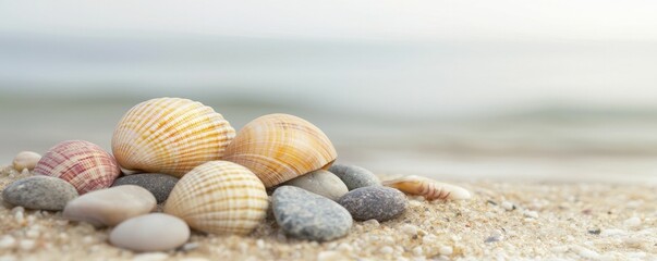Close-up of seashells and pebbles on a sandy beach, accompanied by gentle ocean sounds, showcasing nature's restorative effects in wellness.