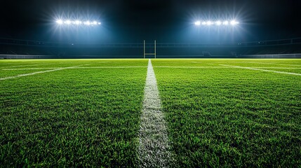 Obraz premium Empty football field with bright lights focused on the center, lush green turf, dramatic lighting, highdefinition resolution