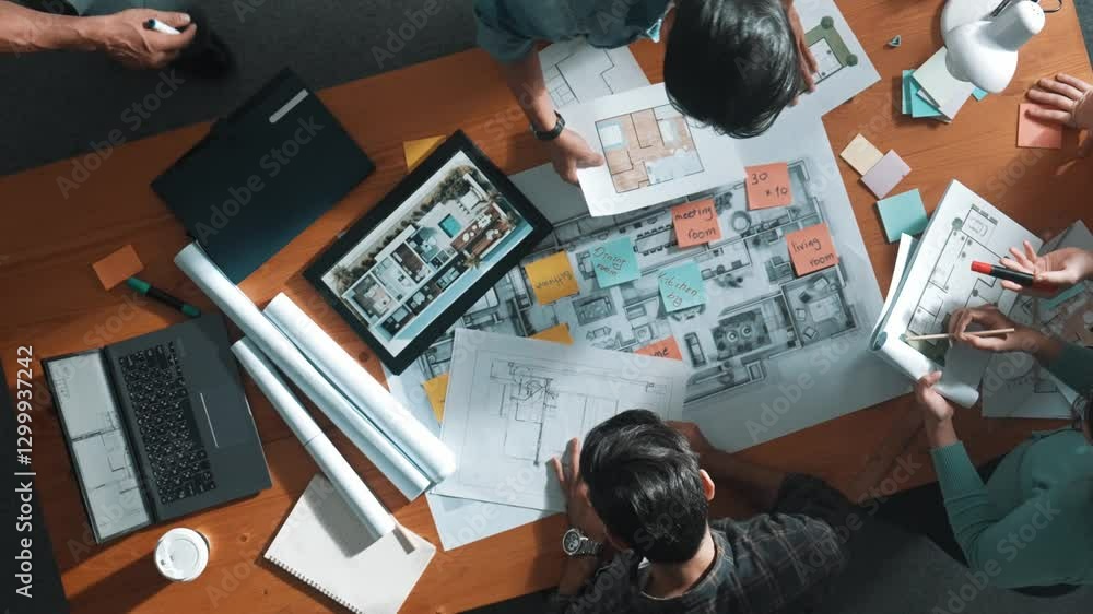 Poster top view of civil engineer team holding blueprint and standing at table with laptop, project plan an