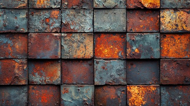 Textured metal wall featuring rusted and weathered tiles in a vibrant color palette