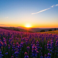 Naklejka premium Enchanting Lavender Field at Sunrise, A Serene Morning Landscape