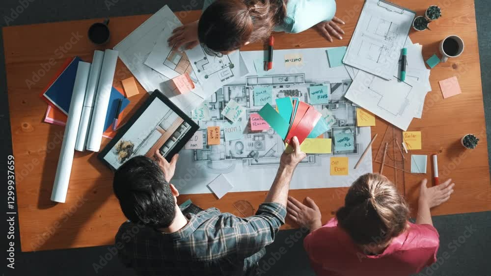 Poster top view of engineer working together to design building construction while standing at meeting tabl
