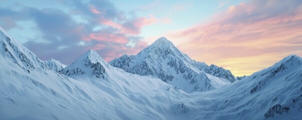 Fototapeta premium Extreme weather adventures in snow-covered mountains with frozen landscapes and dramatic skies reflecting vibrant sunset colors.