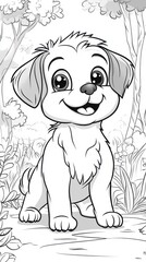 Fototapeta premium Cute baby dog coloring page for kids surrounded by nature's greenery fun art activity for young artists