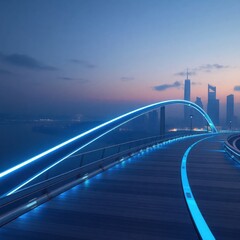 Obraz premium Futuristic illuminated bridge leading to a modern city skyline at dusk