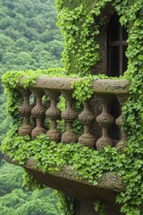 Historic buildings draped in moss, showcasing intricate carvings and tangled vines, conjuring an air of intrigue and eternal elegance under fading light.