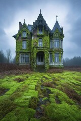 Naklejka premium Historic buildings draped in moss, showcasing intricate carvings and wild vines, radiating an aura of enchantment and ageless elegance at dusk.