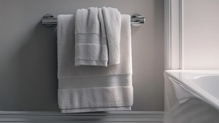 Fluffy light gray towel on a matte silver warmer in a minimalistic bathroom setting