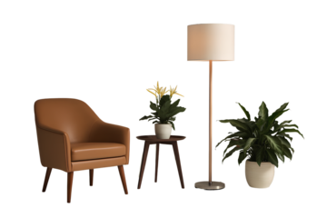 Modern living space setup with tan armchair, floor lamp, and potted plants isolated on transparent background PNG