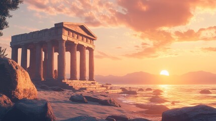 Obraz premium Coastal temple sunset; serene beach, mountains