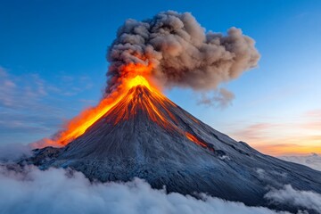 A time-lapse effect of a volcano erupting, showing the slow movement of lava and ash plumes