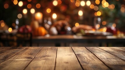 Rustic wooden table against a blurred Thanksgiving feast backdrop. Ideal for showcasing food, drinks, or autumnal products.