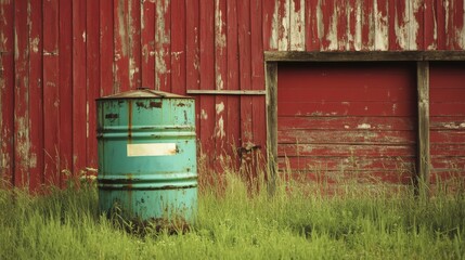 Obraz premium Green metal barrel labeled liquid fertilizer near a red wooden barn