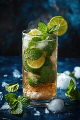 Refreshing mojito in a highball glass with mint and lime on a cool surface
