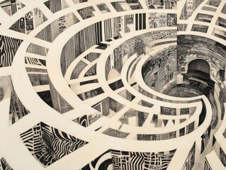 Intricate abstract art installation modern gallery artwork display urban environment aerial view contemporary design