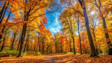 Fototapeta premium A tranquil autumn forest with vibrant foliage and golden leaves against a blue sky, surrounded by tall trees and lush undergrowth , nature, golden leaves