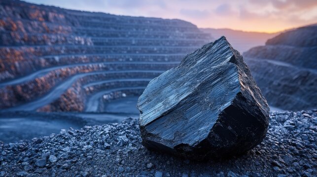 Jagged tungsten ore resting on gravel with a tungsten mine in soft dawn light