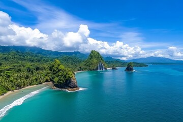 Fototapeta premium A tropical rainforest peninsula with waterfalls cascading into the ocean