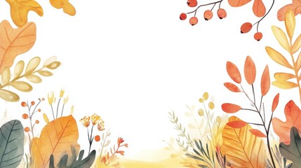 A beautiful watercolor illustration of autumn leaves and plants, featuring warm colors and a white blank space for text or design elements.