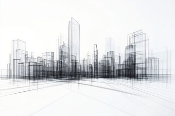 Obraz premium A minimalistic, abstract representation of a city skyline, showcasing sleek lines and modern architectural forms against a white background.