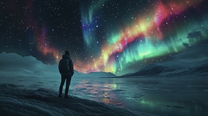 Lone traveler gazes at Leonids meteor shower and aurora borealis in icy tundra