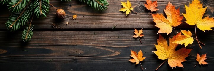 Obraz premium Golden birch leaves, dark pine needles scattered on rustic wood , rustic, deciduous, green