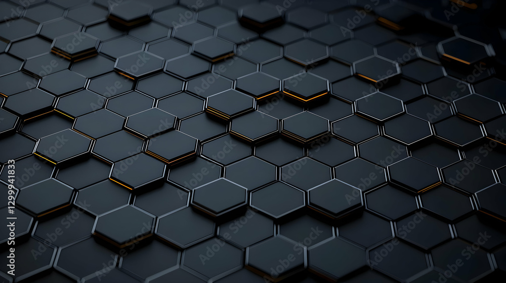 Poster abstract 3d hexagon pattern with black metallic finish and orange glow lights in dark background
