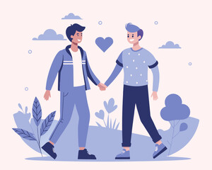 Gay couple concept. Vector illustration of two young men holding hands in trendy flat style. 