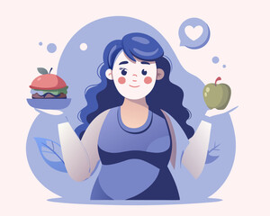 Fototapeta premium Diet Choice Overweight Woman Apple Hamburger