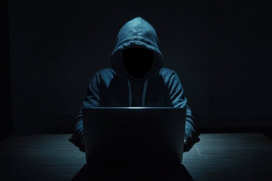 A mysterious figure in a hoodie sits in front of a laptop, surrounded by darkness, representing themes of cybersecurity and digital anonymity.