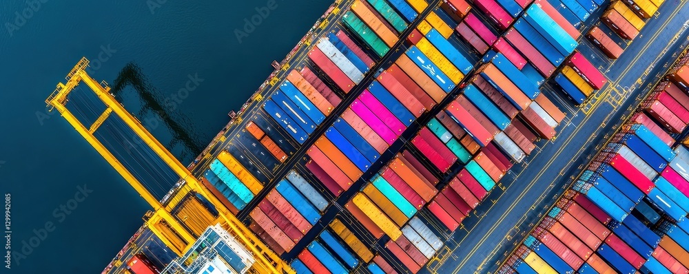 Poster aerial view of colorful shipping containers stacked at a busy port.