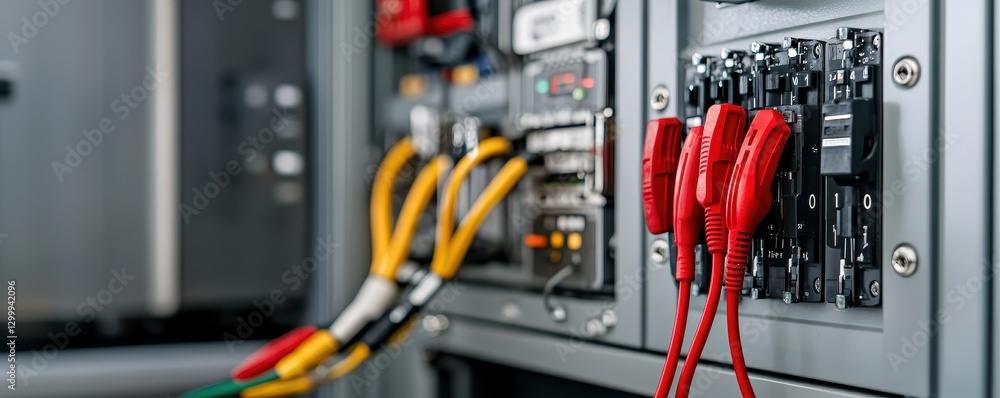 Aufkleber close-up of electrical circuit connections with colorful wires and components in a control panel.