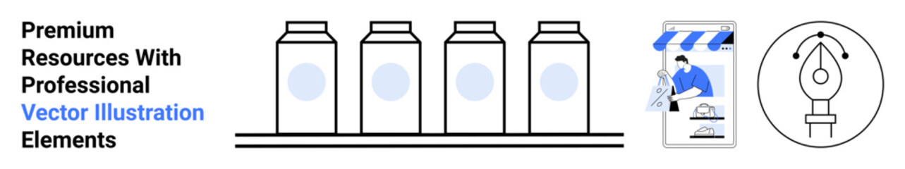 Four minimal bottles on a shelf, an online store showcase with a person working, and a pen tool icon. Ideal for design, packaging, e-commerce, creativity, marketing, branding flat landing page