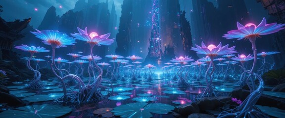 Glowing Neon Lotus Flowers in Futuristic Cityscape Fantasy Landscape