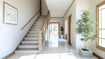 Fototapeta premium Bright White Interior Hallway Staircase with Wooden Railing and Large Windows with a Plant