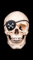 Obraz premium Realistic human skull wearing an eye patch with crossbones, isolated on a black background