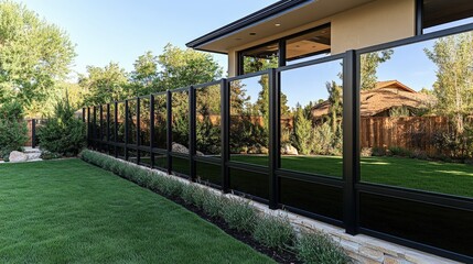 Naklejka premium Luxury modern fence with reflective glass panels enhances backyard view