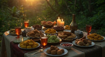 Fototapeta premium Sunset Feast: A Luxurious Outdoor Dinner with Diverse Delicious Treats and Warm Candlelight