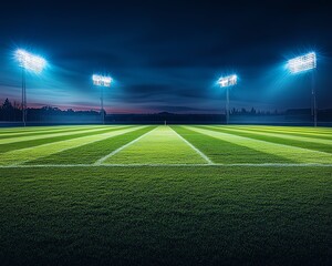 Obraz premium Empty football stadium field with powerful overhead lights, illuminated turf, clear night sky, highresolution details, vibrant lighting effects