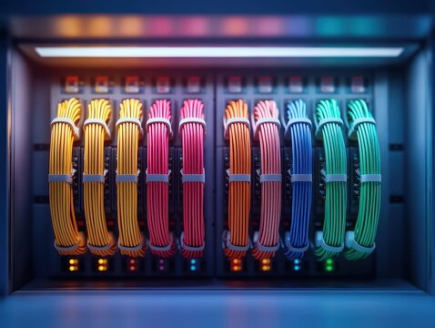 Colorful cables organized in a server rack, glowing with ambient lighting.