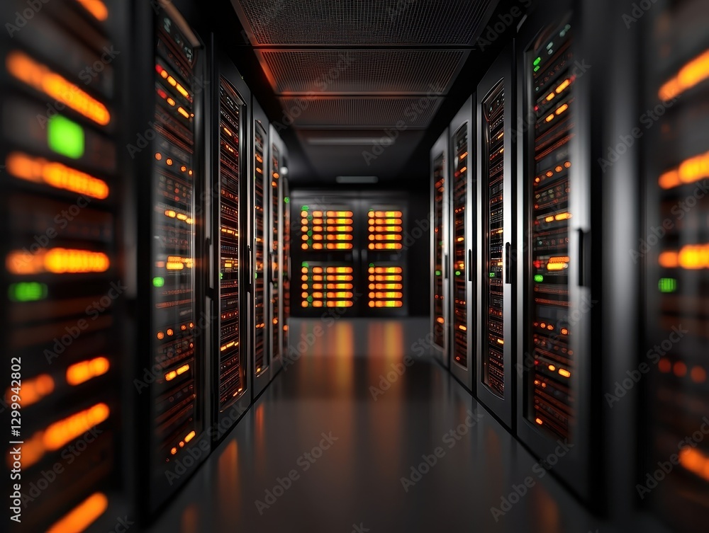 Poster data center corridor with illuminated servers and a high-tech atmosphere.