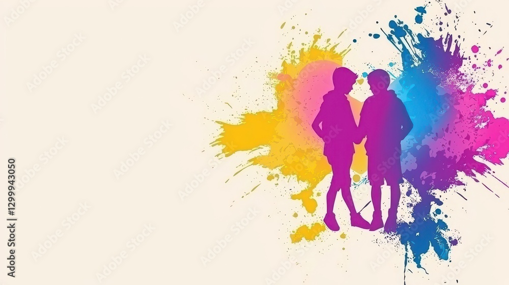 Aufkleber Two people standing in front of a colorful paint splash on a white background in an art studio setting