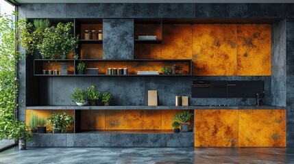 Modern kitchen interior with orange accent walls, green plants, and organized shelving, showcasing a contemporary design