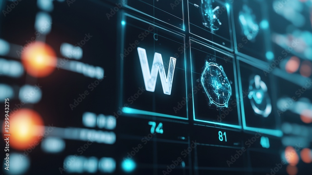 Poster futuristic digital interface with data visualization and symbols