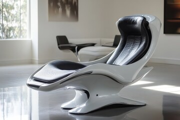 Sleek, modern white and black lounge chair. Perfect for depicting relaxation, luxury, or futuristic design.