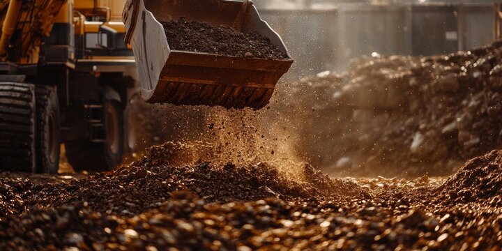 Excavator pouring soil at construction site during earthmoving works