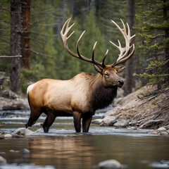 Bull Elk in stream.