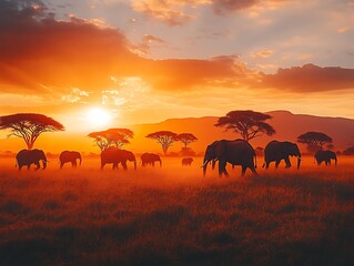 Fototapeta premium Majestic elephants roaming at sunset african savanna nature scene