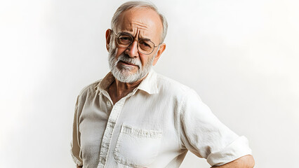 An elderly man standing with a slight hunch, visibly experiencing backache